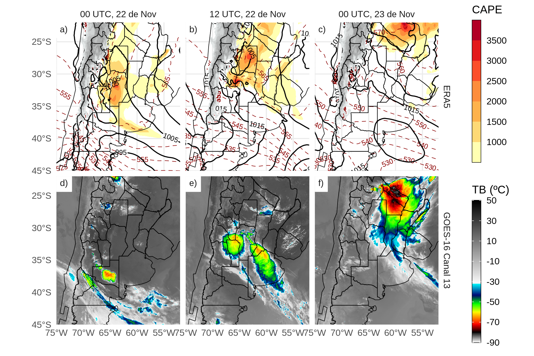 Presión a nivel del mar (hPa, contornos negros), espesor 1000-500 hPa (contornos rojos discontinuos) y energía potencial convectiva disponible (sombreada) según ERA5 y temperatura de brillo del canal 13 de GOES-16 para a,d) 00 y b,e) 12 UTC, 22 de Noviembre y c,f) 00 UTC, 23 de Noviembre.