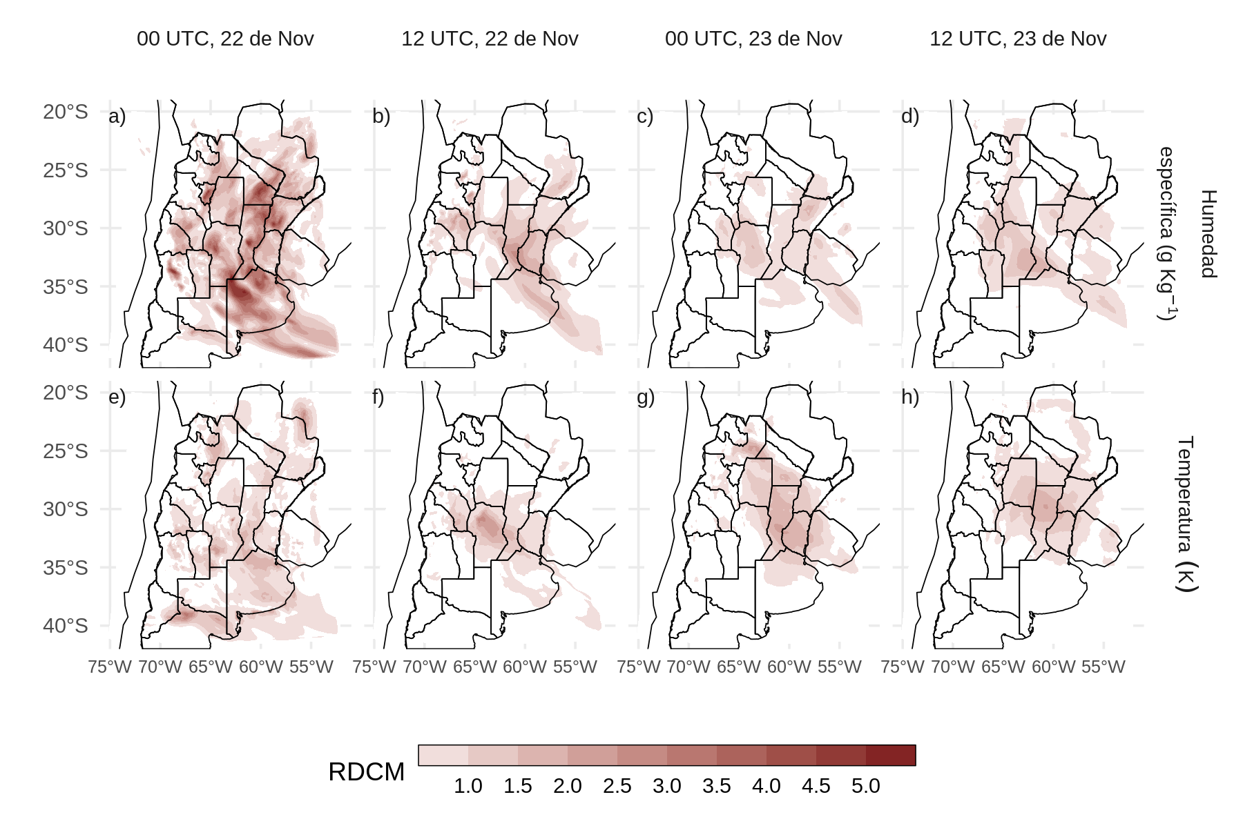 Raíz de la diferencia cuadrática media (RDCM) para la humedad específica (\(gkg^{-1}\), a-d) y temperatura (K, e-h) calculada sobre la diferencia entre RAD y CONV sobre todos los niveles del modelo para distintos tiempos a lo largo del pronóstico inicializado a las 00 UTC del 22 de noviembre.