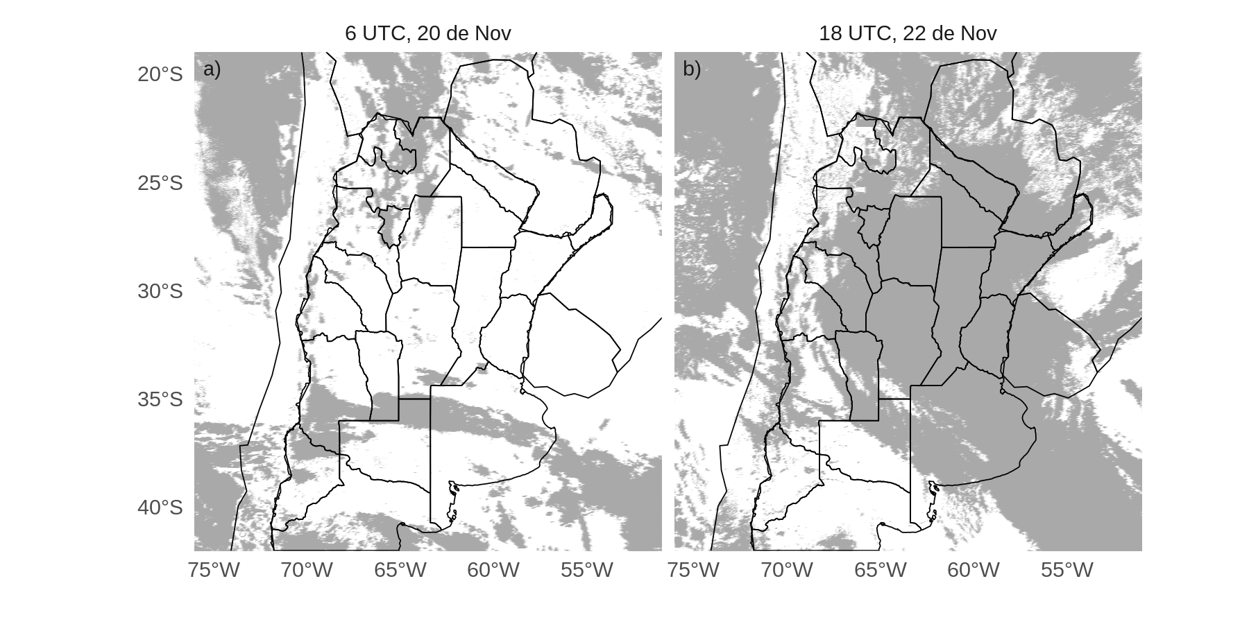 Ubicación de píxeles nubosos (gris) según la máscara de nubes generada para GOES-16, durante el a) 06 UTC del 20 de noviembre y b) 18 UTC del 22 de noviembre.