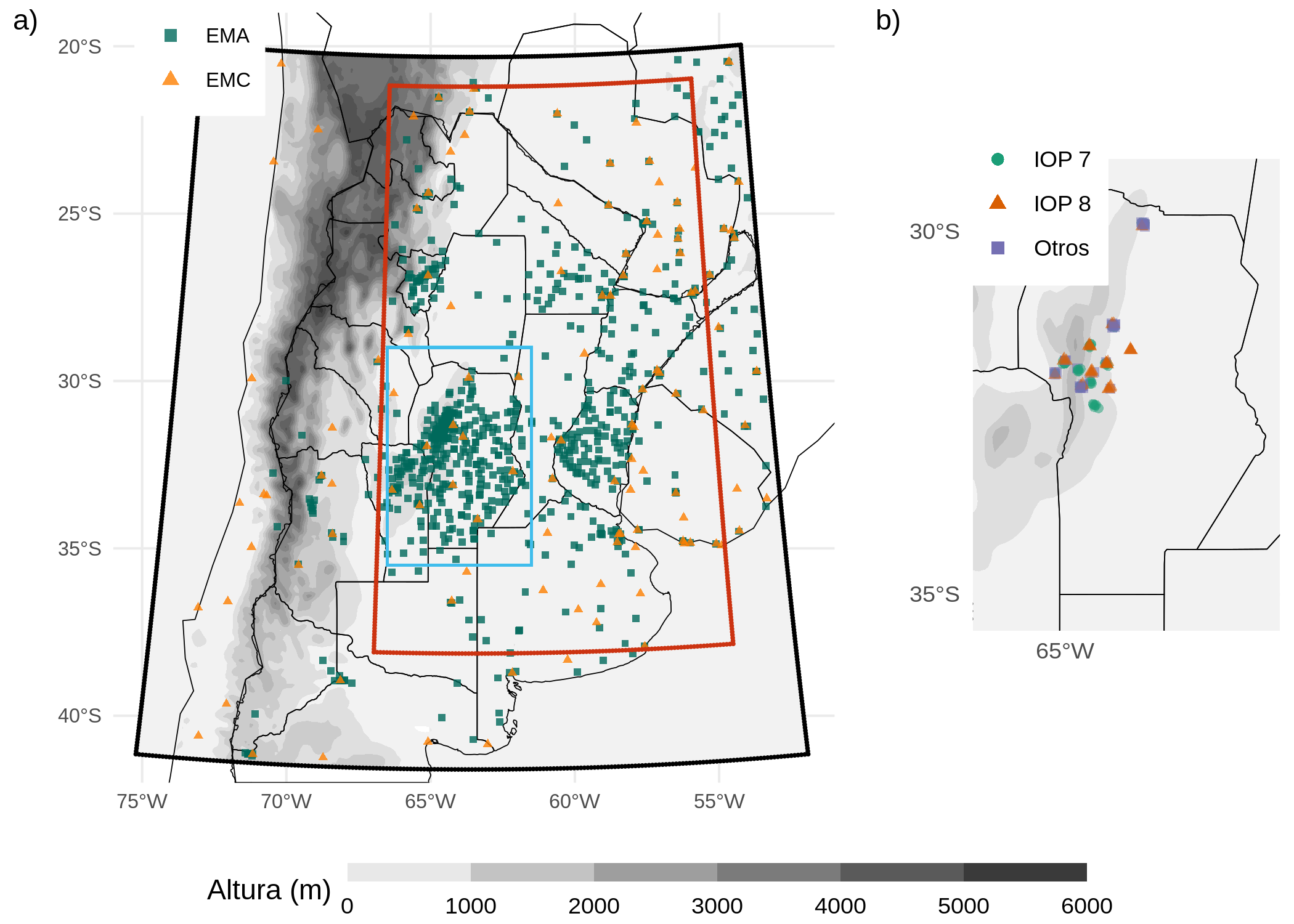 a) Dominio utilizado para las simulaciones (recuadro negro), dominio interior utilizado para la comparación entre experimentos (recuadro rojo), la región mostrada en b) (recuadro azul claro), y la ubicación de las Estaciones Meteorológicas Automáticas (EMA, cuadrados verdes) y las Estaciones Meteorológicas Convencionales (EMC, triángulos naranjas). b) Ubicación de los lanzamientos de radiosondeos durante RELAMPAGO. Los puntos verdes corresponden a los radiosondeos lanzados durante el IOP 7, los triángulos naranjas son radiosondeos lanzados durante el IOP 8, y los cuadrados morados son radiosondeos lanzados fuera de los periodos de medición intensiva. También se muestra la topografía en metros (sombreada).