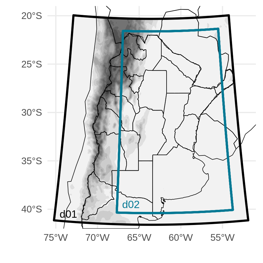 Dominio de baja resolución (d01, 10 km) marcado con un recuadro negro y dominio anidado de alta resolución (d02, 2 km) marcado en color turquesa.