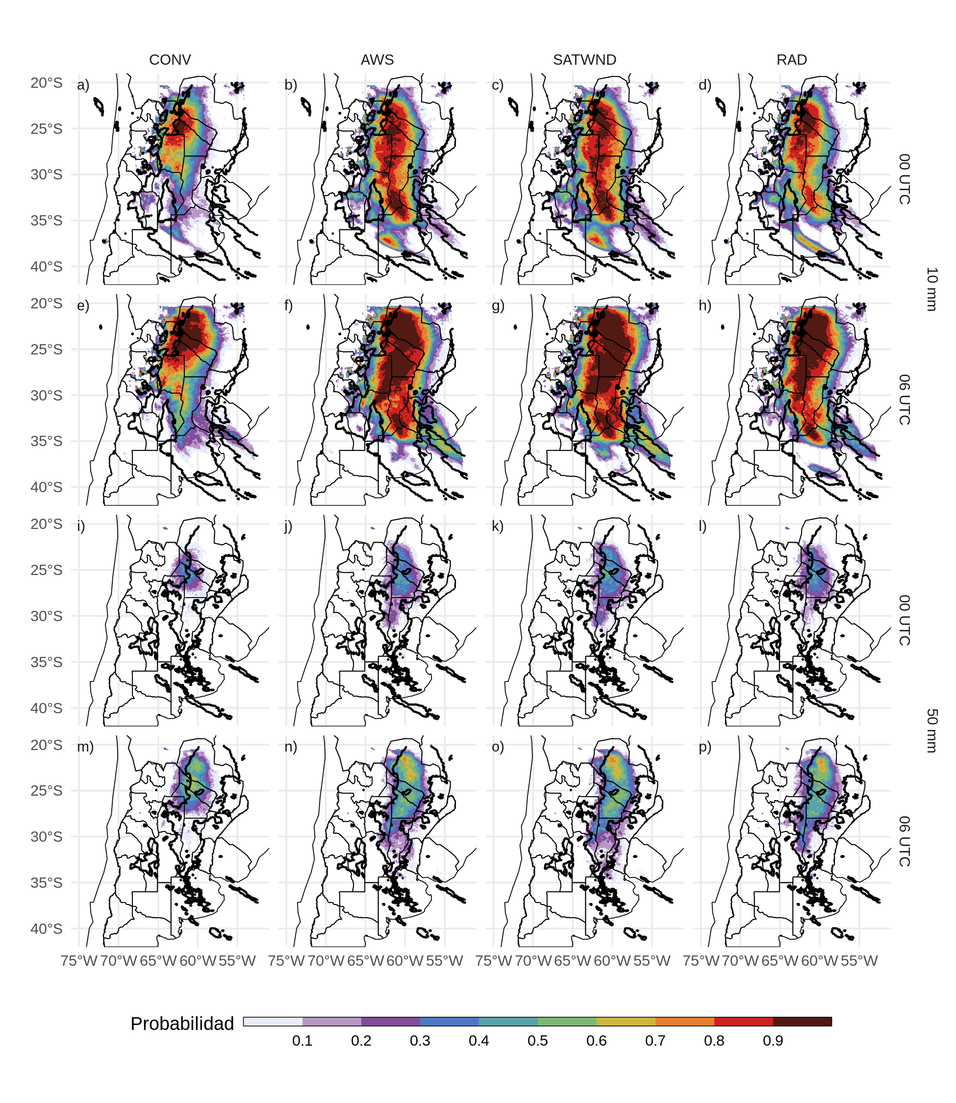 Probabilidad de ocurrencia de precipitación acumulada en 36 y 30 hs superior a 10 mm (a-h) y 50 mm (i-p) para los pronósticos inicializados a las 00 y 06 UTC respectivamente. Los contornos negros representan la estimación de IMERG para cada umbral de precipitación.