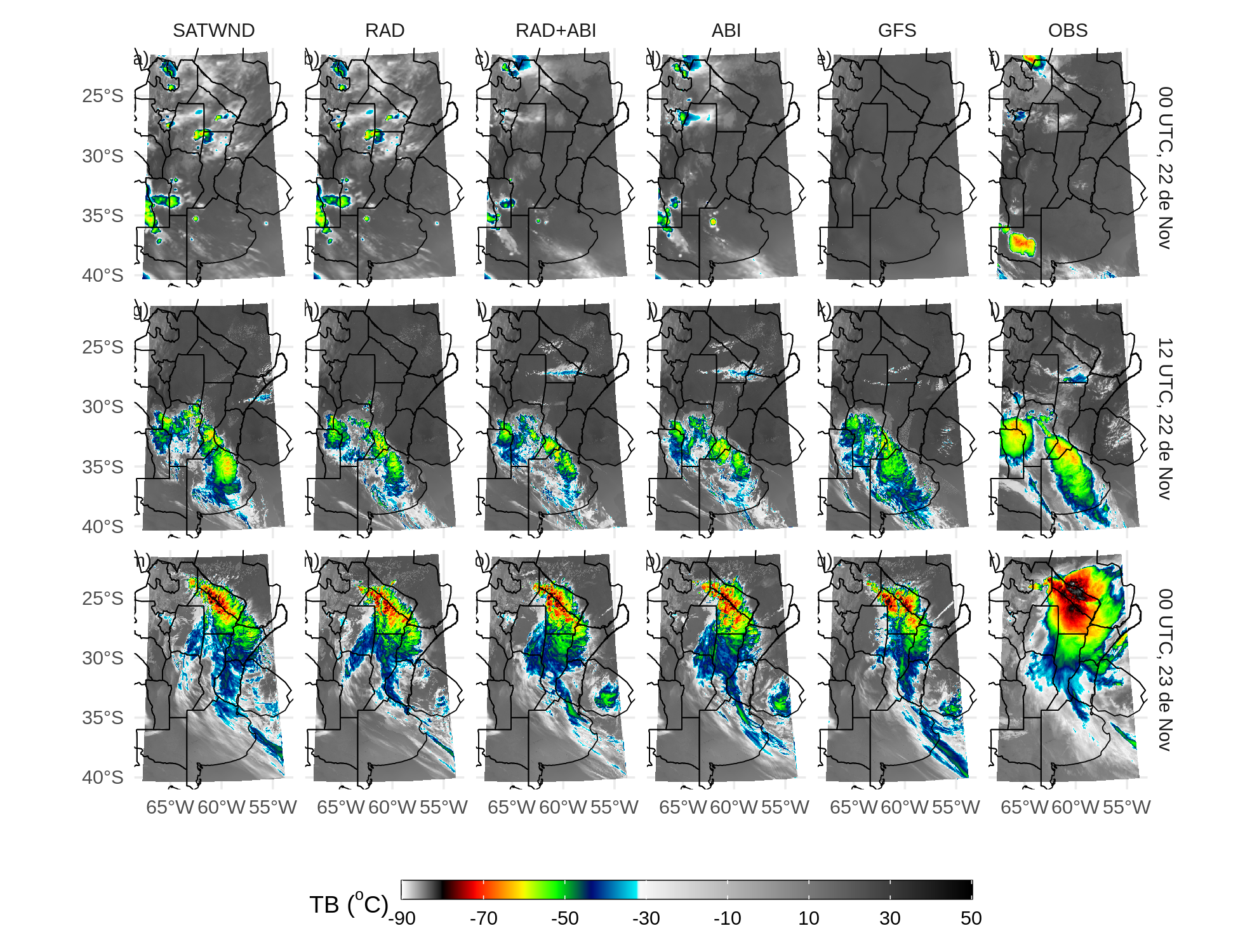 Temperatura de brillo simulada por CRTM a partir de los pronósticos determinísticos a las 00 y 12 UTC del 22 de noviembre y las 00 UTC del 23 de noviembre. Las observaciones de temperatura de brillo del canal 13 de GOES-16 se muestran en la ultima columna (f, l, r).