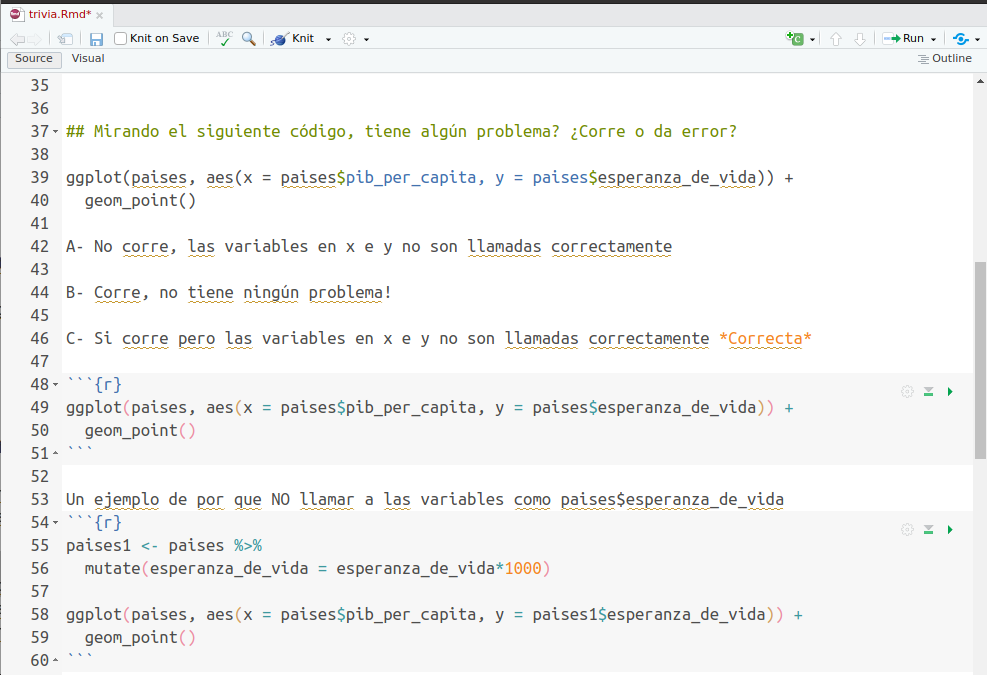 Captura de pantalla que muestra en R el código asociado a cada respuesta